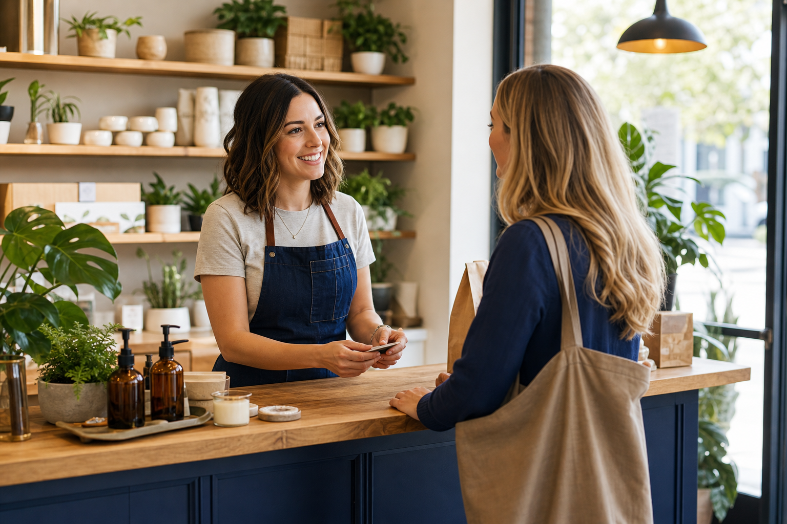 Small business owner speaking with a customer in a welcoming local business setting