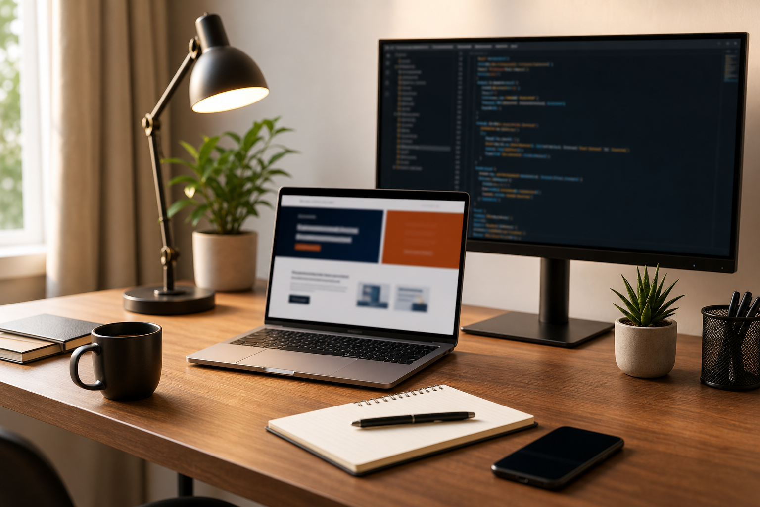 Sky Grid Development workspace with laptop and web design tools
