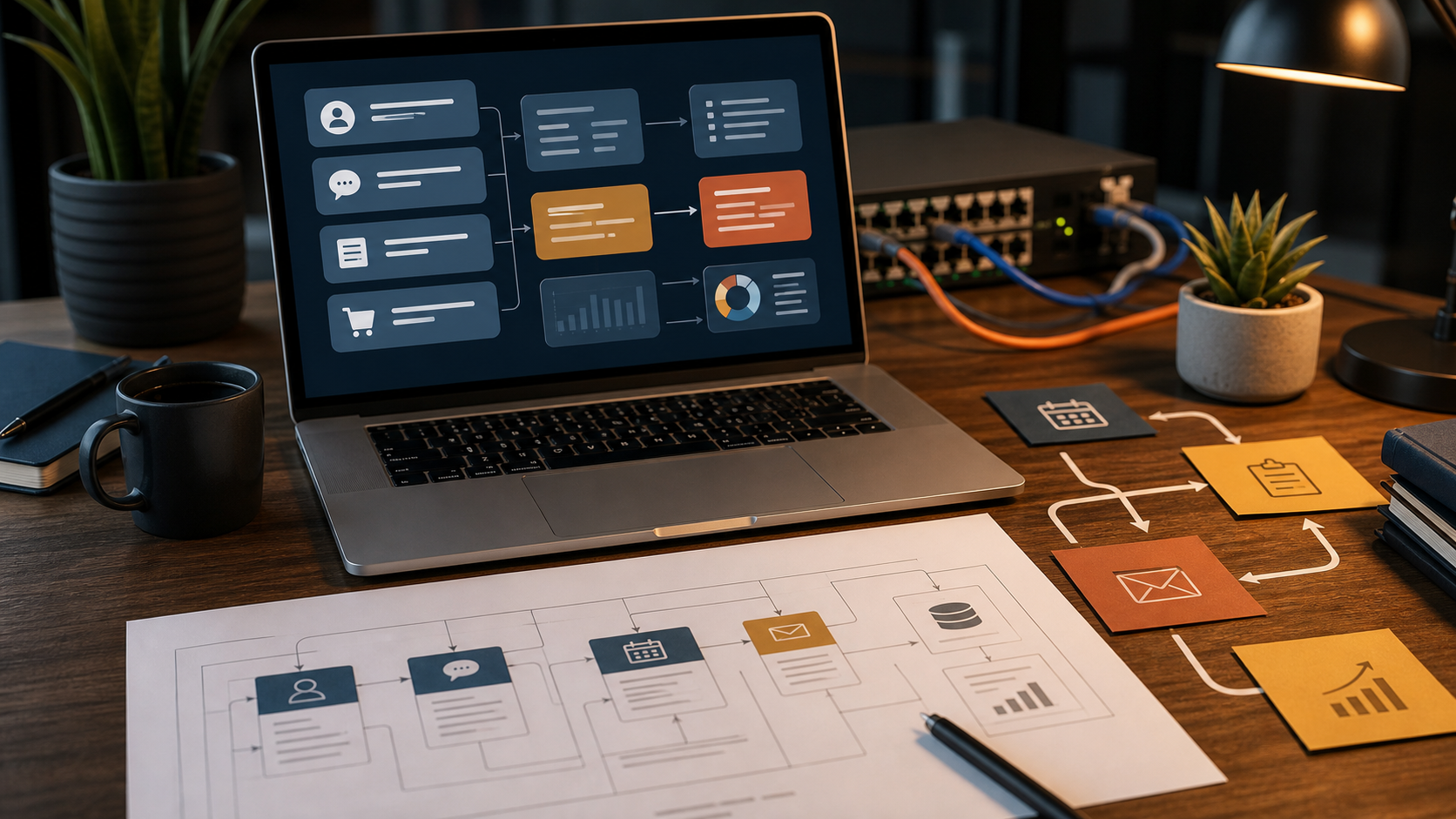 Custom development workspace with website planning materials